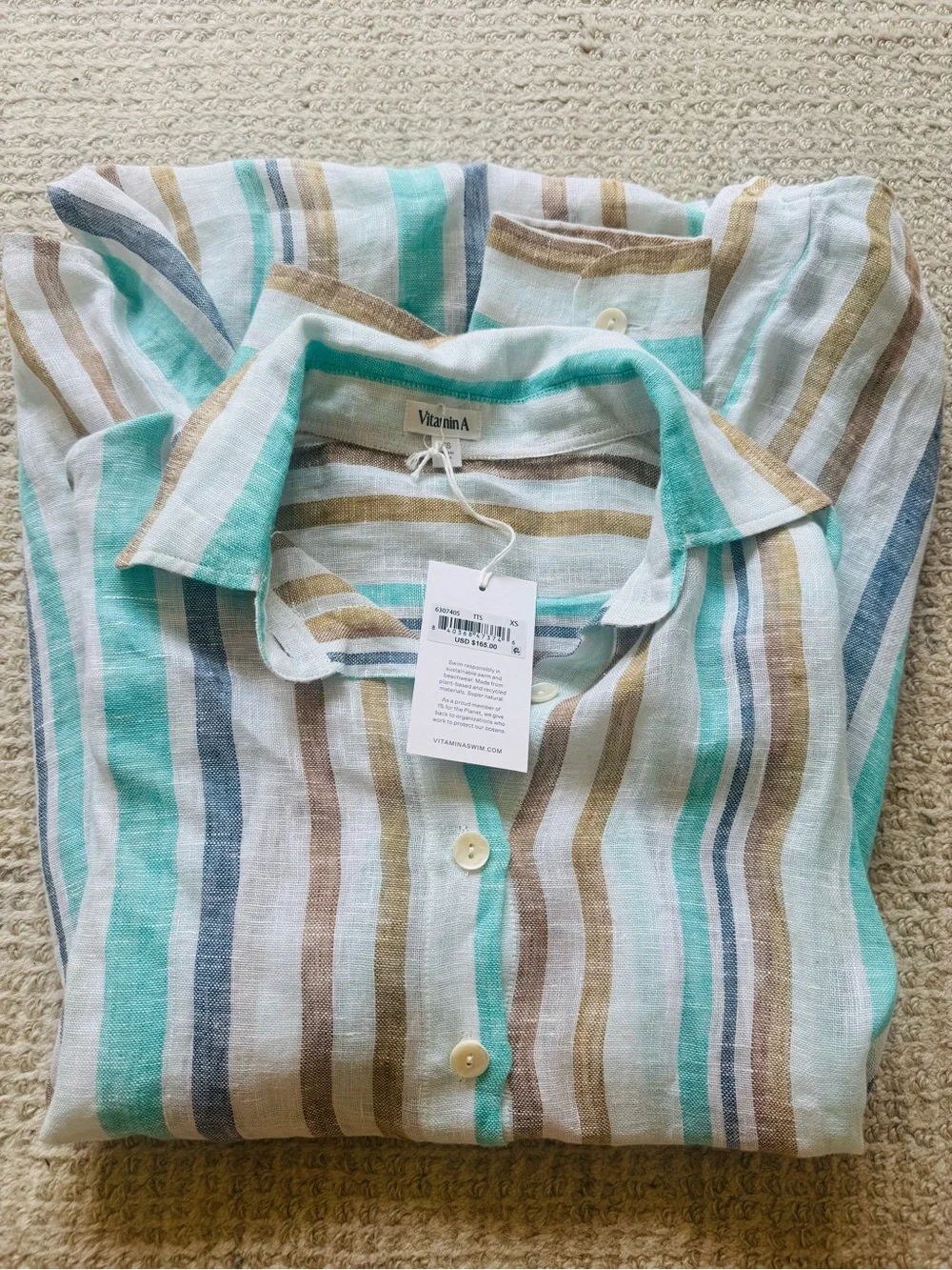 NWT Vitamin A Swim Playa Linen Boyfriend Shirt, Tidal Stripe, Blue/White/Tan, XS